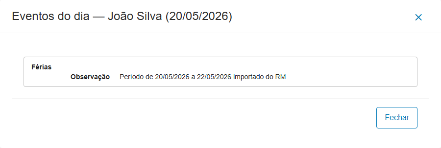 Calendário mostrando dias de Férias e Afastamento importados do RM
