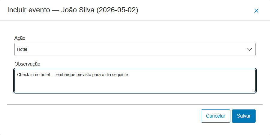 Modal de inclusão — ação Hotel